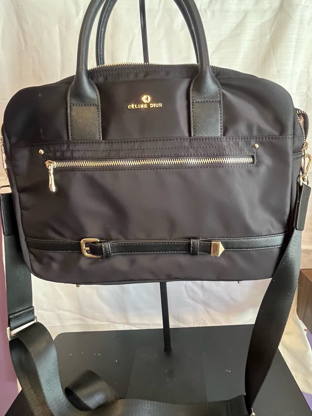 Céline Dion Black Nylon Laptop Bag with Gold Accents